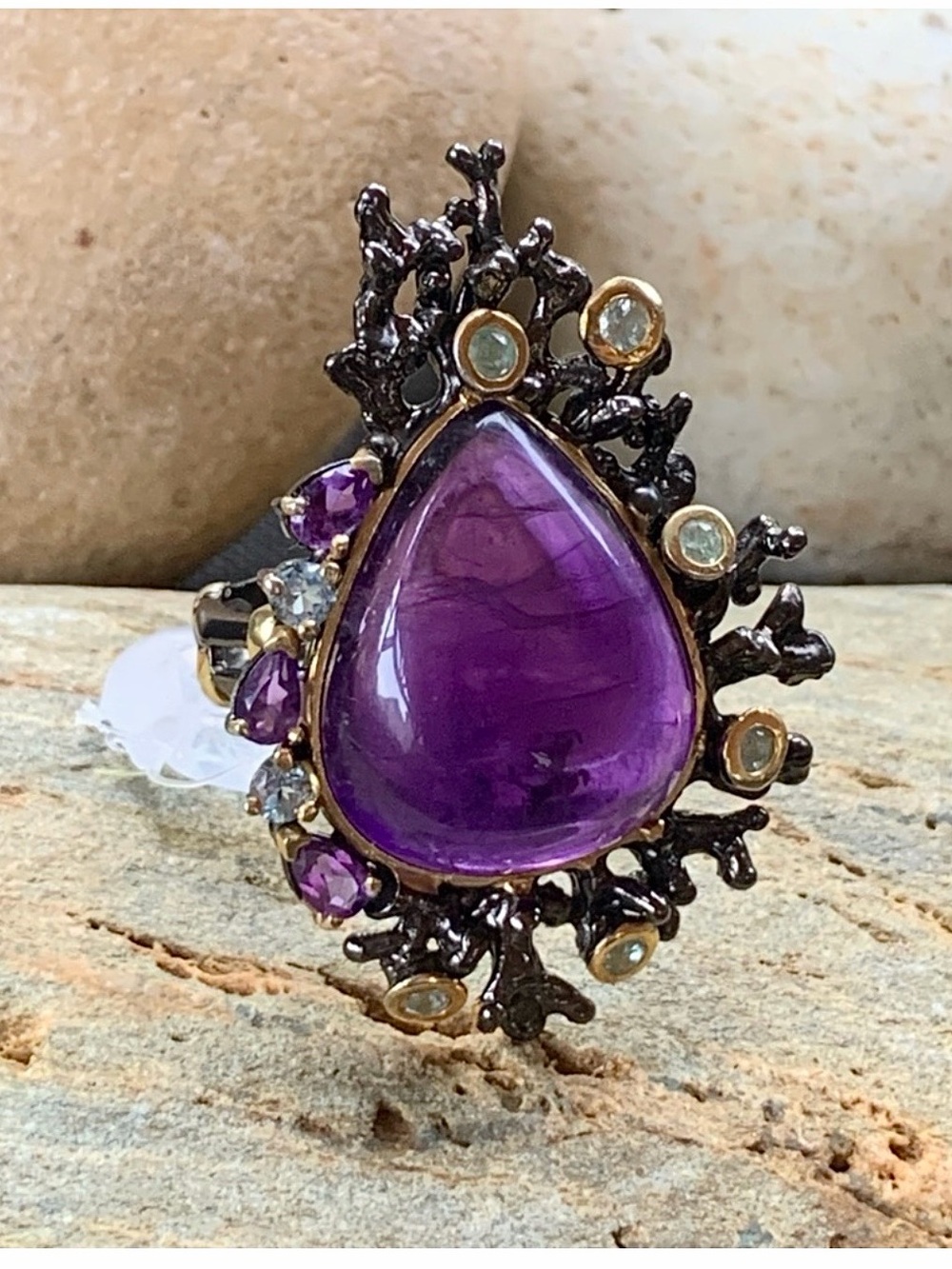 Natural Amethyst Gemstone Coastal Sterling Silver & 14k Ring